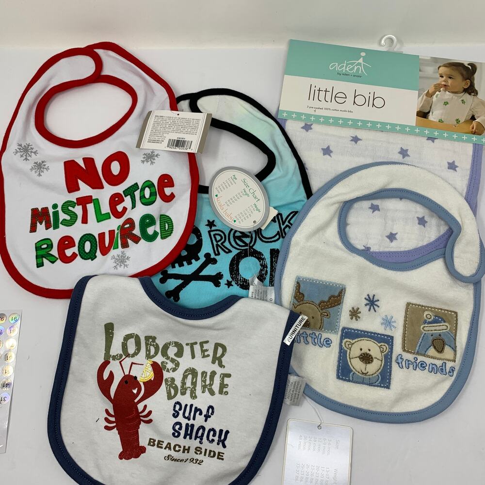 5 Piece Baby Cloth Bib Lot Assorted Brands and Prints Unisex NEW
